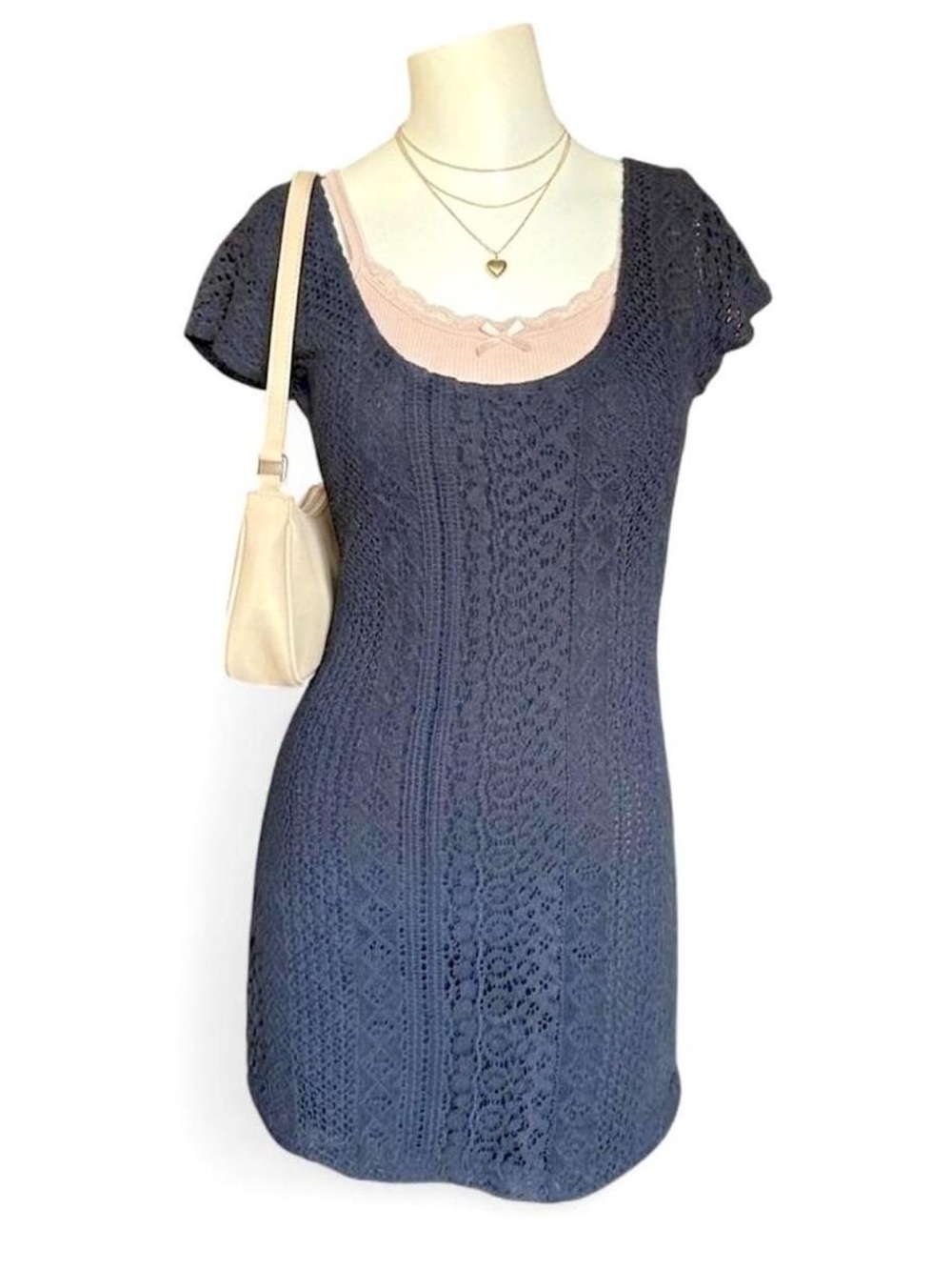 Hollister Lace Mini Dress Blue Y2K Fitted Knit Soft Girl